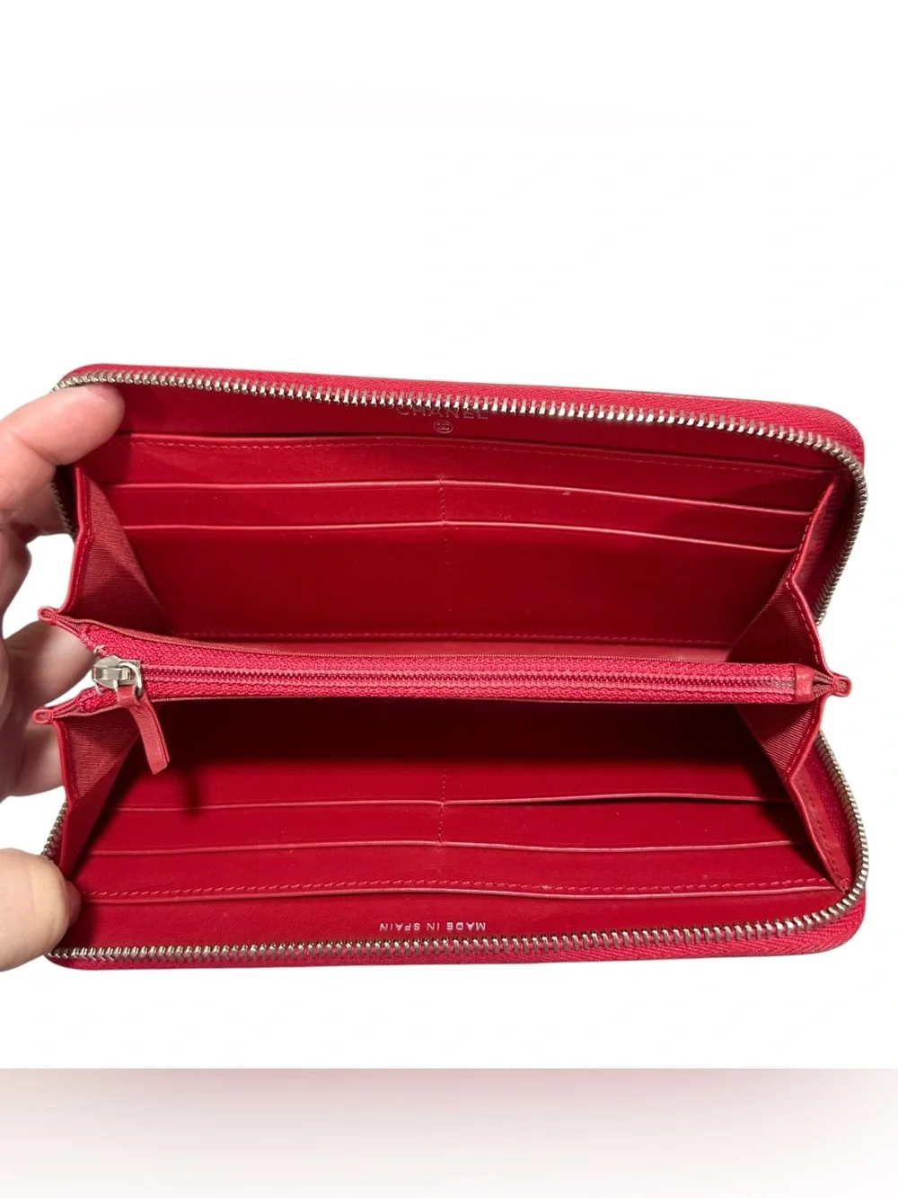 Chanel Mademoiselle Chevron Red Lambskin Leather Zip Around Zippy Large Wallet